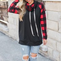Cowl Neck Plaid Pullover Hoodie