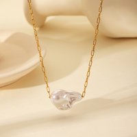 Wholesale Bulk 18K Gold Plated Minimalist Jewelry Stainless Steel Box Chain Baroque Pearl Charm Necklace
