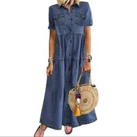Plus Size Women Denim Dress Short Sleeve Button up Casual Maxi Jean Dress for Women