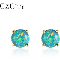 CZCITY Round Shaped Blue Fire Opal 925 Silver Gemstone Rhodium Plated Women Opal Beaded Earrings