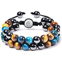 Hot Cross-Border Unisex 8mm Blue Tiger Eye & Double Row Black Agate Beaded Jewelry Handmade Woven Black Magnetic Bracelet