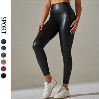 Women's Soft P U High Waist Leggings Plus Size Black Shiny Skinny Pants with Elastic Waist Solid Pattern Wholesale Pockets Pants