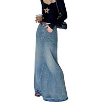 Lady Girls Denim Skirt Dress Women's 2024 Early Spring Autumn New Retro Denim Solid Color Long Maxi Skirt