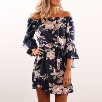 Floral Print Off Shoulder Chiffon Summer Dress