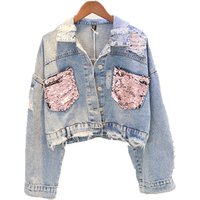 Hole Jean Jacket Women Spring Short Sequin Denim Jacket Splice Autumn Female Jacket spring jackets for women Female navel