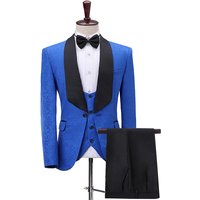 Classic Custom Made Prom Suit Wedding Men Tuxedo Floral Royal Blue Jacquard Black Tuxedo With Shawl Lapel 3 Piece Men Suits