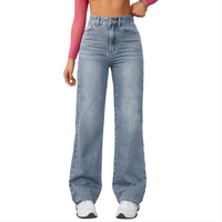 Women's High Waist Straight Leg Jeans Breathable Washable Denim Casual Style Regular Fit Summer Hole Button Zippers