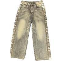 DENIMGUYS Custom Sun Faded Washed Side Stripe Baggy Trousers Mens Y2k Retro Pants Embroidery Applique Patch Wide Leg Denim Jeans