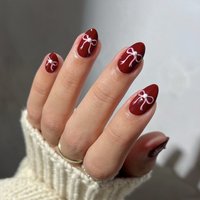 Wholesale 24 Pcs Red Valentine's Day pink Bow Short Almond Art Acrylic Press on Nails Artificial Fingernails False Nails 3639