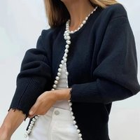 Women Casual Pearl Trim Cardigan Winter Fashion Knitwear Ladies Solid Color Knitting Cardigan Sweater Woman