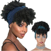 Kinky Curly Headband Wig Synthetic Turban Wrap-wig Afro Puff Drawstring Headwrap with Bangs Wholesale Short Blonde Black Support
