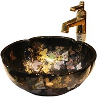 Butterfly Design Jingdezhen Ceramic Art Countertop Porcelain Wash Basin Bowl Black and Blue Bathroom Sink Flower Shape
