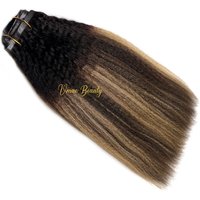 Custom Raw Blonde Balayage Kinky Straight 27 Seamless Clipins Dark Root 1b Coarse Kinky Straight PU Clip in Human Hair Extension