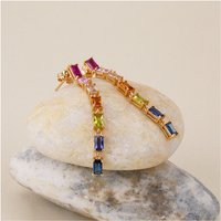 Summer Hot 925 Sterling Silver Rainbow Jewelry Gold Plated Baguette Cut Colorful Zircon Long Dangle Drop Earrings Women Party
