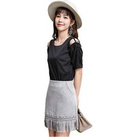 Summer new Korean version of the high waist A-Line Tassel skirt sexy imitation suede women fringed short skirt