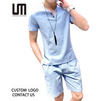 Liu Ming New Korean Fashion Spring Summer Men Casual Solid Color Suit Cotton Linen 2 Piece Short Sleeve T Shirt Shorts Set