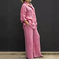 2026 New Arrival Women's Leisure Suit Solid Print Cotton Linen Two Piece Set with Long Sleeve Top and Pants