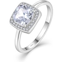 925 Sterling Silver Rhodium Plated Square Design Cushion-Cut White Zircon Engagement Ring with Micro-Pave CZ Halo