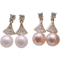 Fashion Snow Princess Fan Shape Zircon 18K Gold Plated Natural Freshwater White Pink Pearl Drop Earrings
