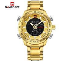 New Naviforce 9093 Brand Luxury Stainless Steel Men Watches Dual Time Clock Lcd Analog Waterproof Military Quartz Digital Watch