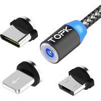 TOPK AM17 Durable Hard Nylon Weave LED USB Type C Micro USB Magnetic Charging Cable