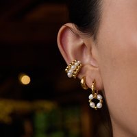 J&D Elegant Graceful Women Jewelry 18K Gold Stainless Steel Freshwater Pearl Double Huggie Hoop Earrings