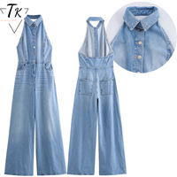 Think Women's 2025 Summer New Style Fashionable Backless Halter Collar Denim Wide Leg Jumpsuit