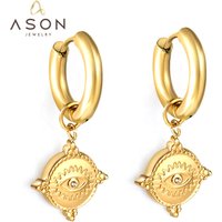 Ason New Trend Fashion Jewelry Stainless Steel 18K Gold Plated Zircon Eye Round Pendant Charm Drop Hoop Earrings for Women