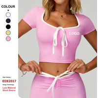 Contrast Color Hemming Yoga Clothes Women V-Neck Quick-Drying T-Shirt Yoga Tops Outdoor Running Fitness Sports Short Sleeves