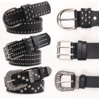 JULUN Women Belt Studded Belt Vintage Belts Women Black PU With Star & Western Buckles Punk Rock Fashion Accessory