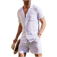 Men's Linen Short Sleeved Shirt Set Loose Casual Cotton Linen Cardigan Shirt Shorts Summer Beach Shirts Outfit