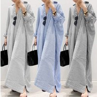 Y7012 Best-Selling Plus Size Long Dresses Women Casual Straight Loose Three Quarter Sleeve Striped Maxi Shirt Dress for Women