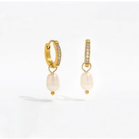 2022 18K Gold Plated Elegant Zirconia Pave Huggie Fresh Water Pearl Stainless Steel Earring Mother's Day Gift