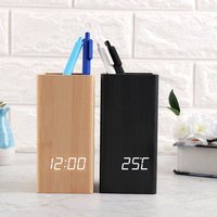 Wooden Pen Holder Sensing LED Desk Clock
