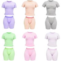 Breathable Spring Summer Lounge Wear Green XS Ribbed Short Sleeves Tshirt and Shorts 2 Two Pieces Loungewear Women Sets Clothing