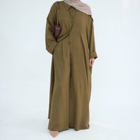 Dubai Abaya Wholesaler Minimalist Linen Polyester Loose Top With Pants Kimono Abaya Casual Women's Dresses Modest 2pcs Set