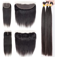 3+1Packet Human Hair Bundles with Frontal Closure Straight Weave Hiar Extensions Double Drawn 12a Grade Virgin Packet Human Hair