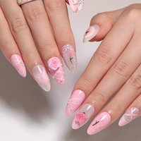 24 Pcs French Cute pink 3D Floral Tulip Ribbon Press on Nails Artificial Fingernails Customize Candy False Nails 3405
