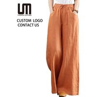 OEM Service Korean Vintage Fashion Spring Summer Plus Size Women Elastic Waist Cotton Linen Wide Leg Pants