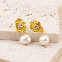 S925 Silver Blue Topaz & Freshwater Pearl Drop Stud Earrings Gold Plated Statement Jewelry for Weddings and Parties