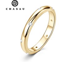 Delicate Daily Jewelry 14K Gold Plated 925 Sterling Silver All Moissanite Dome Burnish Setting Wedding Band Ring for Lovers