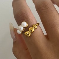 J&D 18K Gold Stainless Steel Elegant Adjustable Statement Jewelry Freshwater Pearl Beaded Open Ring