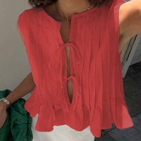 Enyami Woman Pleated Cotton Linen Lace-up Elegant Straight New Chic Vacation Beach Outfits Summer Sleeveless Vest Top