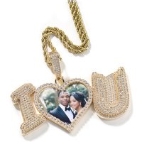 Customized Wedding Anniversary Gift Personalized Rose Gold Heart Studded 'I Love U' Photo Picture Pendants Custom Iced CZ Zircon