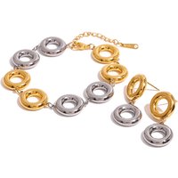 European and American Trendy 18k Gold Stainless Steel Gold and Silver Color Blocked Two Circle Pendant Earrings Jewelry