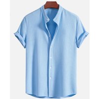 Men Summer Short Sleeve Button Solid Color Cotton Blend Shirts Stand Collar Men's Blouse Top Casual Shirts