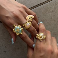 J&D Summer Ocean-themed 18K Gold Stainless Steele Namel Seashell Starfish Turtle Crab Adjustable Open Rings