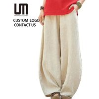 Liu Ming Oem Vintage Fashion Elegant Women Cotton Linen Bloomers Wide Leg Pants Plus Size Full Length Elastic Waist Trousers
