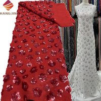 Luxury French Net Beaded Lace Fabric 5 Yards Red Sequins Embroidery 3D Flower Elegant Wedding Dress Lace for Bridal Dresses