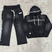 Custom Distressed Vintage Sweatpants and Hoodie Set Cropped Black Acid Wash Oversized Boxy Heavyweight Rhinestone Outfit